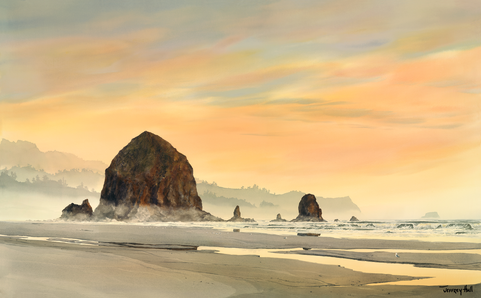 Haystack Rock Sunset The Jeffrey Hull Gallery Original Paintings Watercolors Lithographs Giclee Cannon Beach Oregon