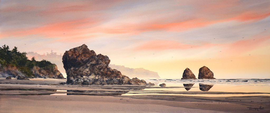 Sunset At Lincoln Rock The Jeffrey Hull Gallery Original Paintings Watercolors Lithographs Giclee Cannon Beach Oregon